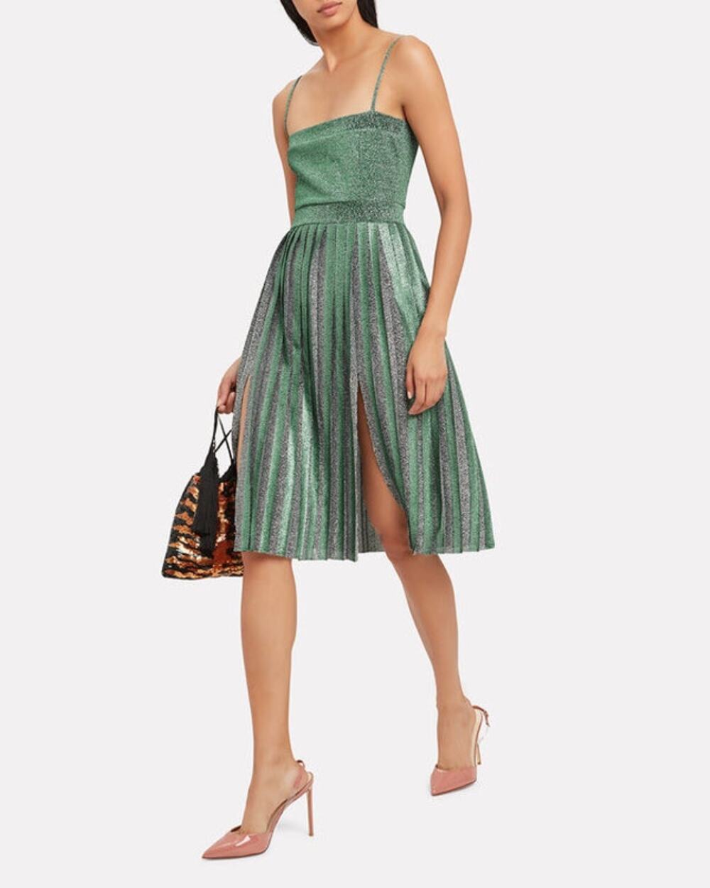 Misha Janelle Green Pleated Metallic Square Neck Sleeveless Midi Dress Size 6